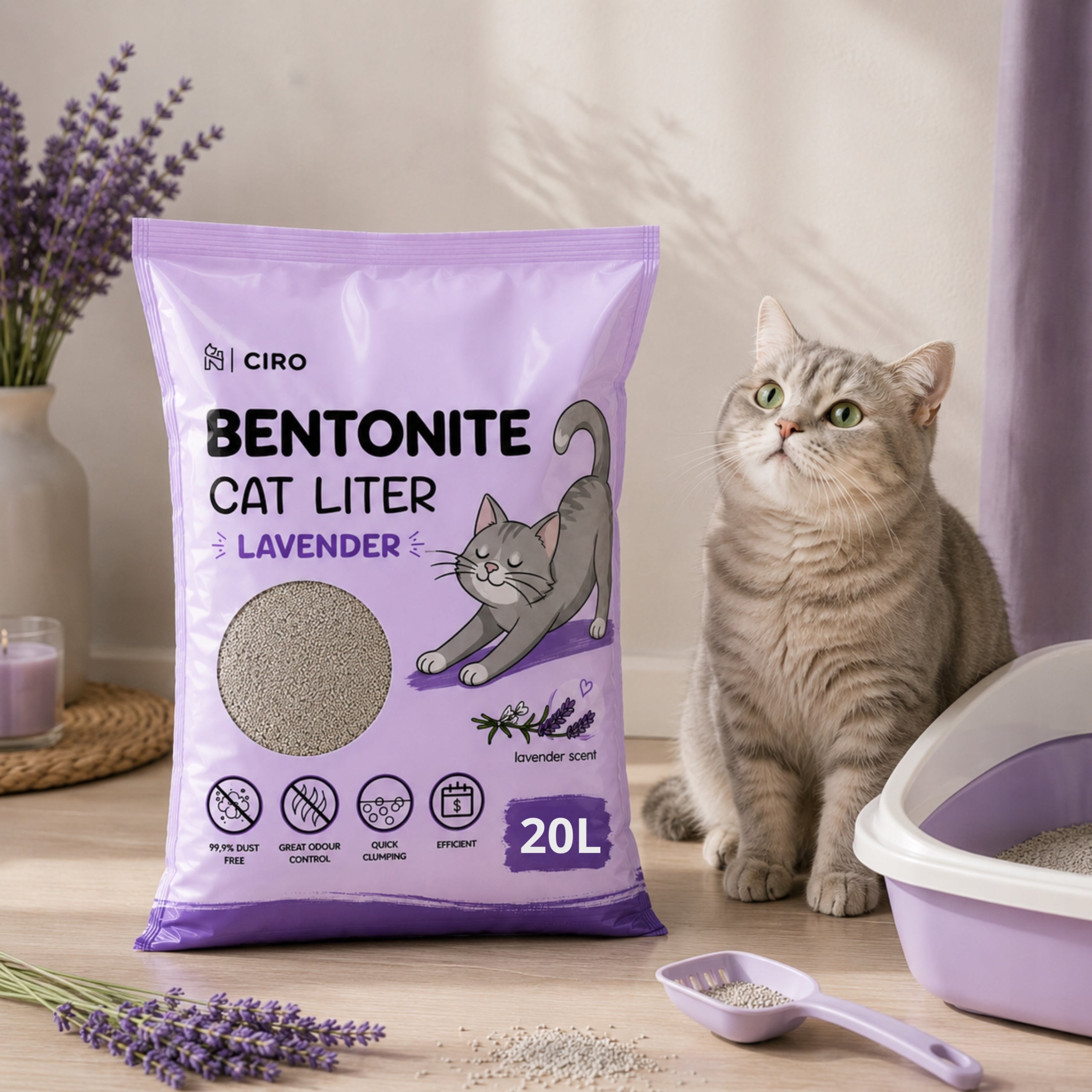 LAVENDER BENTONITE LITTER FOR CAT 20L CLUMPING NATURAL DUST-FREE Packaging status original