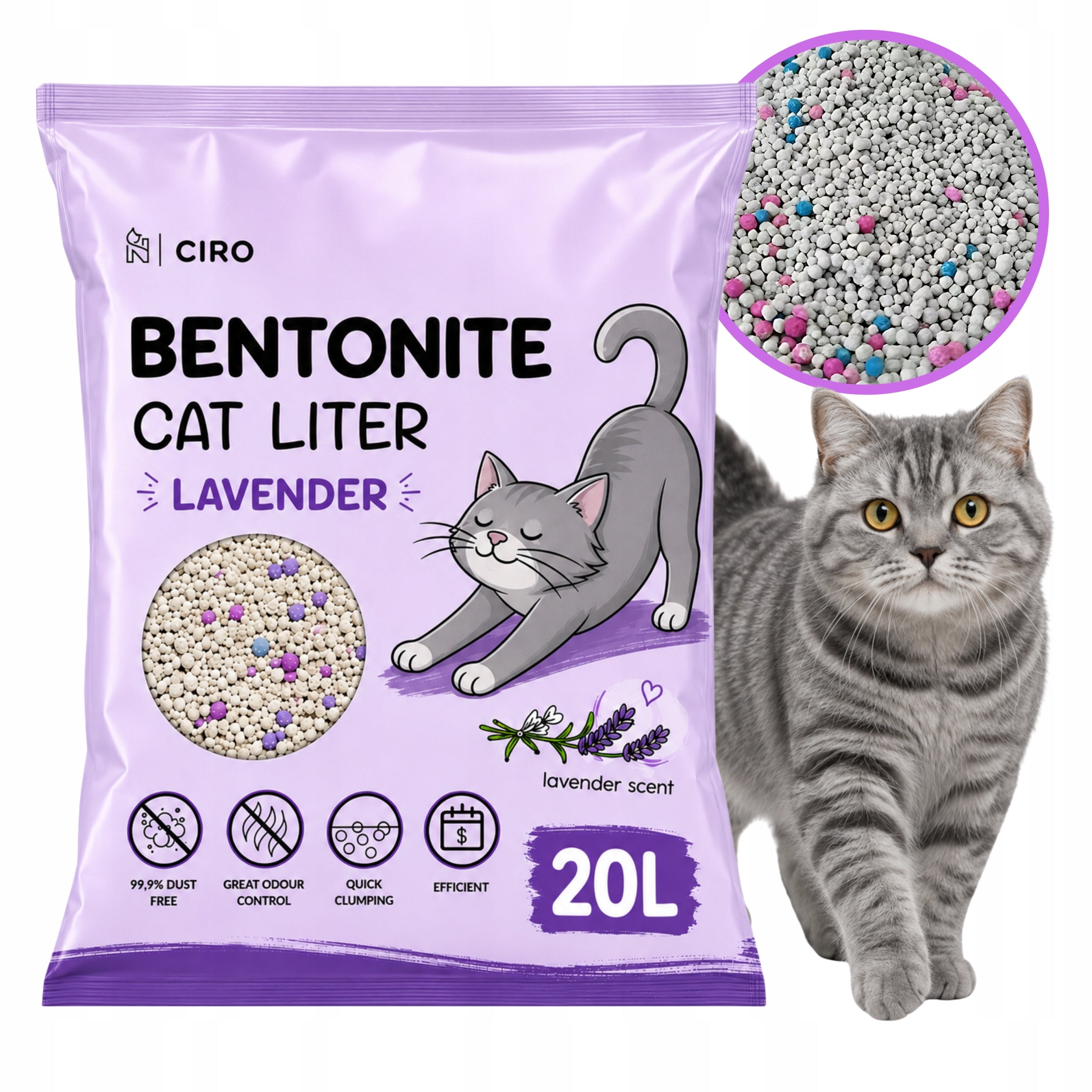 LAVENDER BENTONITE LITTER FOR CAT 20L CLUMPING NATURAL DUST-FREE