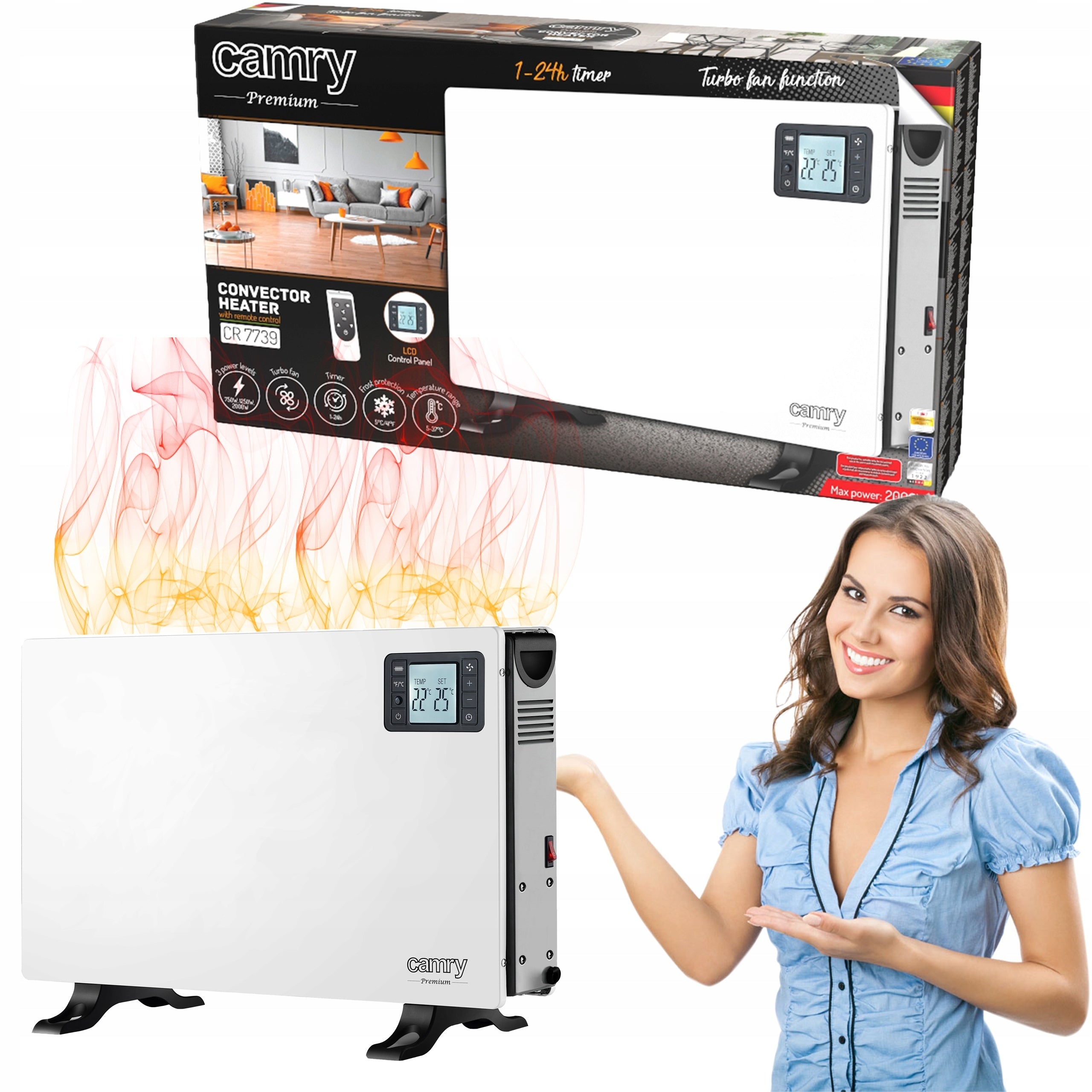 LCD CONVECTOR HEATER WITH REMOTE CONTROL ECONOMICAL 2000W AUTOMATIC SHUTDOWN