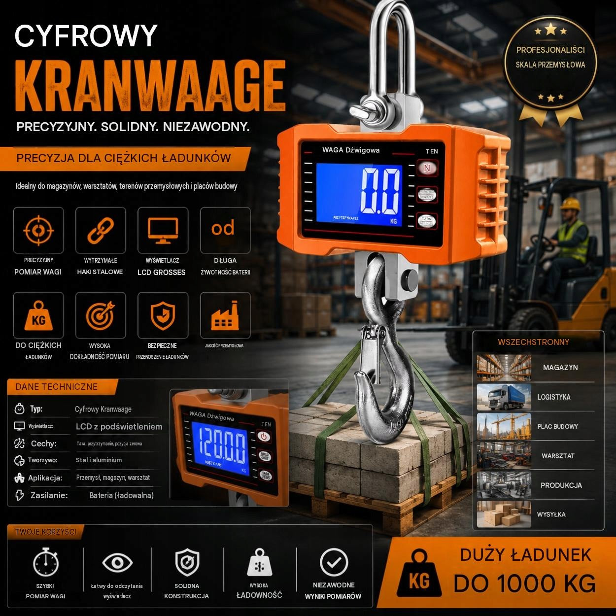 LCD electronic lifting hook scale up to 1000 kg