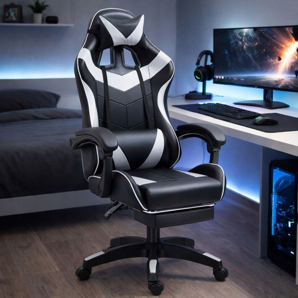 LEAN Gaming Chair Swivel Office Chair with Footrest Cushion Black and White Model LEAN