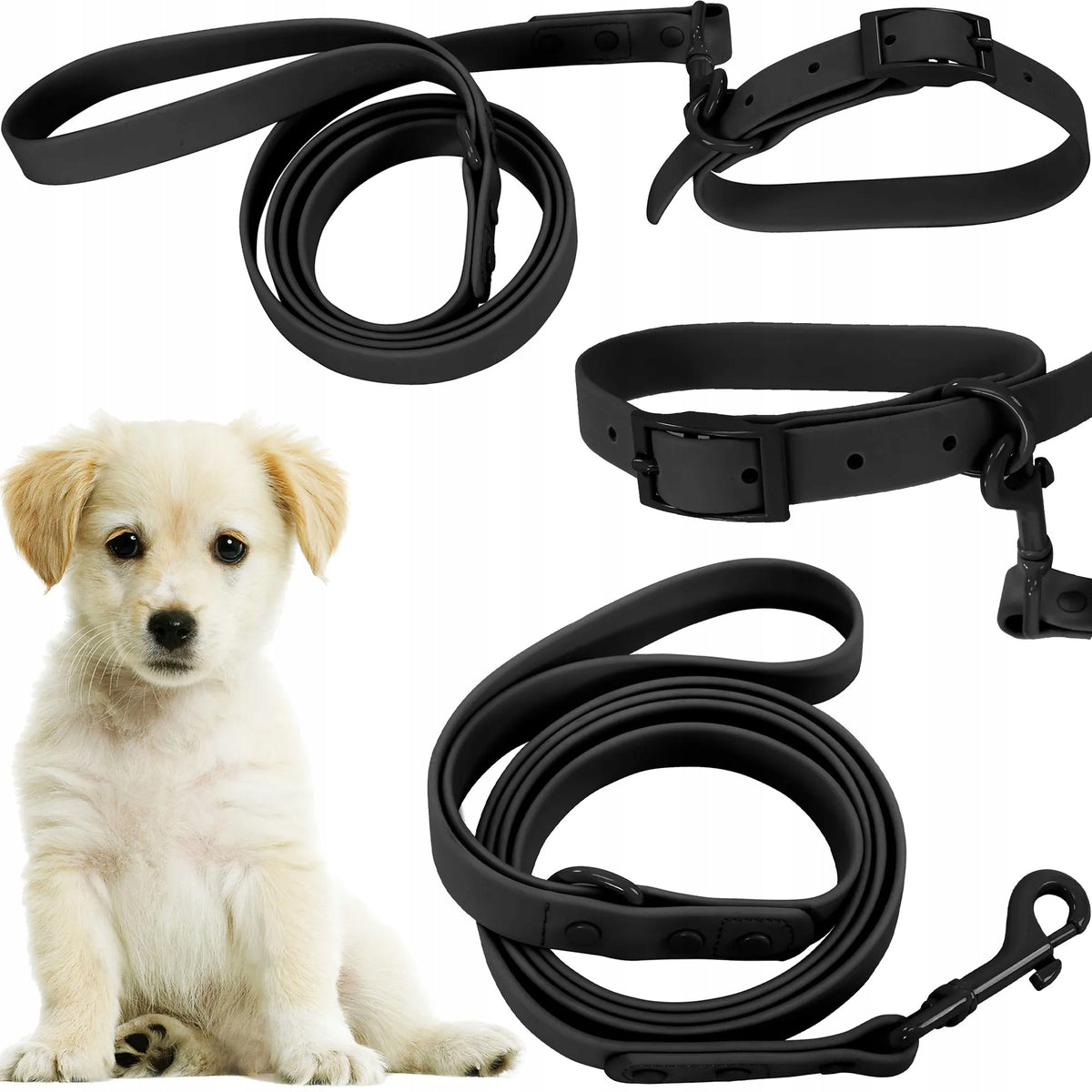 LEASH AND DOG COLLAR WATERPROOF RUBBER 1,5M BLACK S