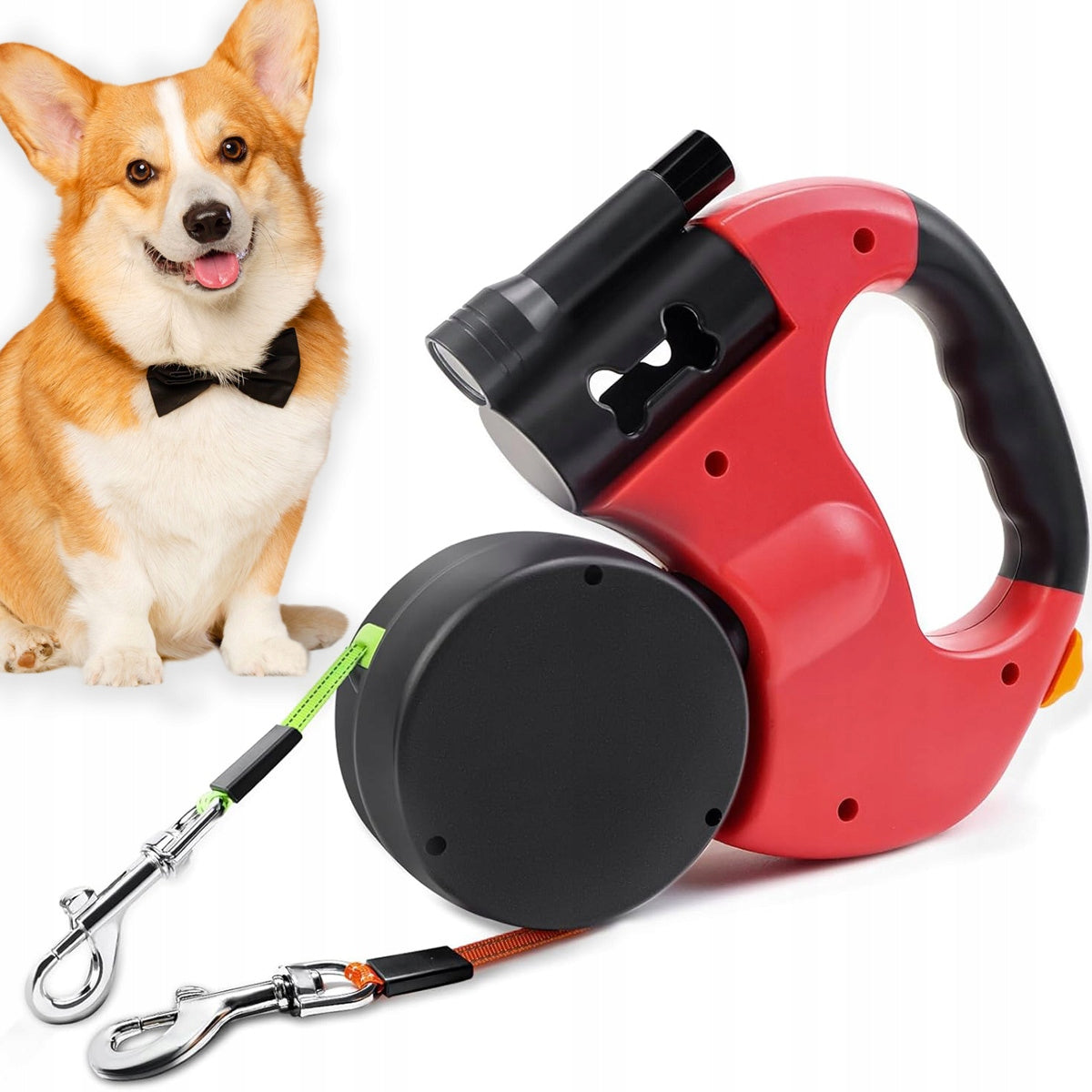 LEASH AUTOMATIC DOUBLE FOR TWO DOGS DOG FLASHLIGHT REFLECTIVE TAPE 3M