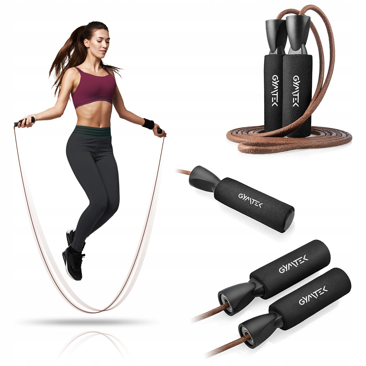 LEATHER JUMP ROPE WITH BEARINGS LONG HANDLES FOAM GYMTEK
