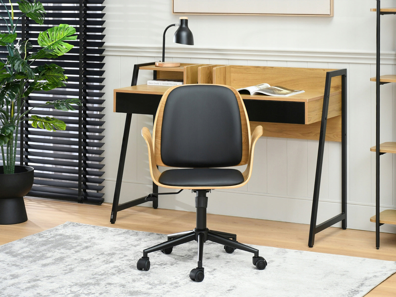 LEATHER SWIVEL OFFICE CHAIR WITH ADJUSTABLE BENT WOOD OAK ENRIC BLACK Manufacturer code 5907698699156