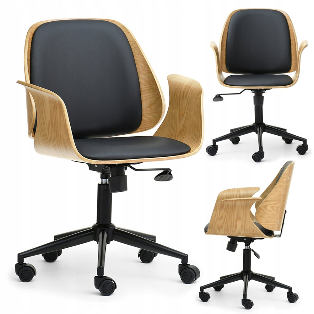LEATHER SWIVEL OFFICE CHAIR WITH ADJUSTABLE BENT WOOD OAK ENRIC BLACK