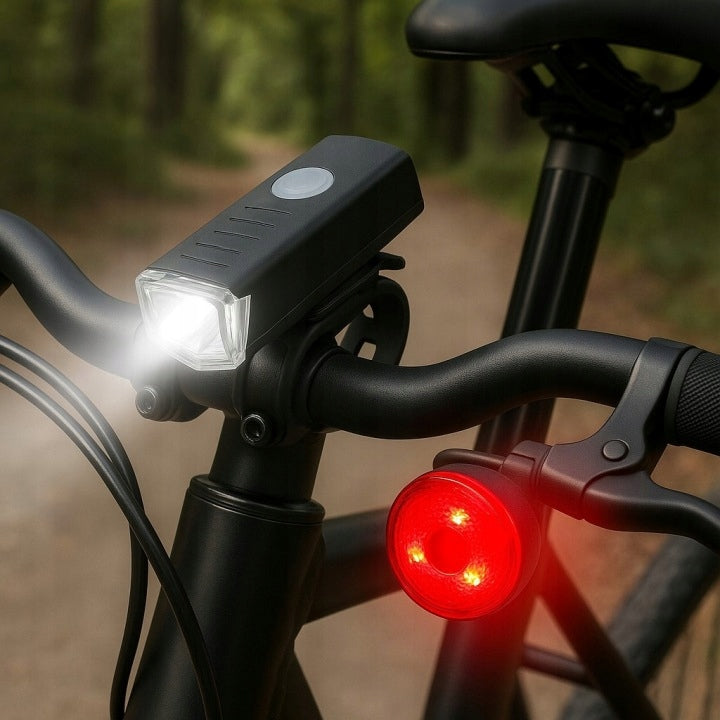 LED BICYCLE LIGHT FRONT + REAR - BATTERY - WATERPROOF - SET - CE