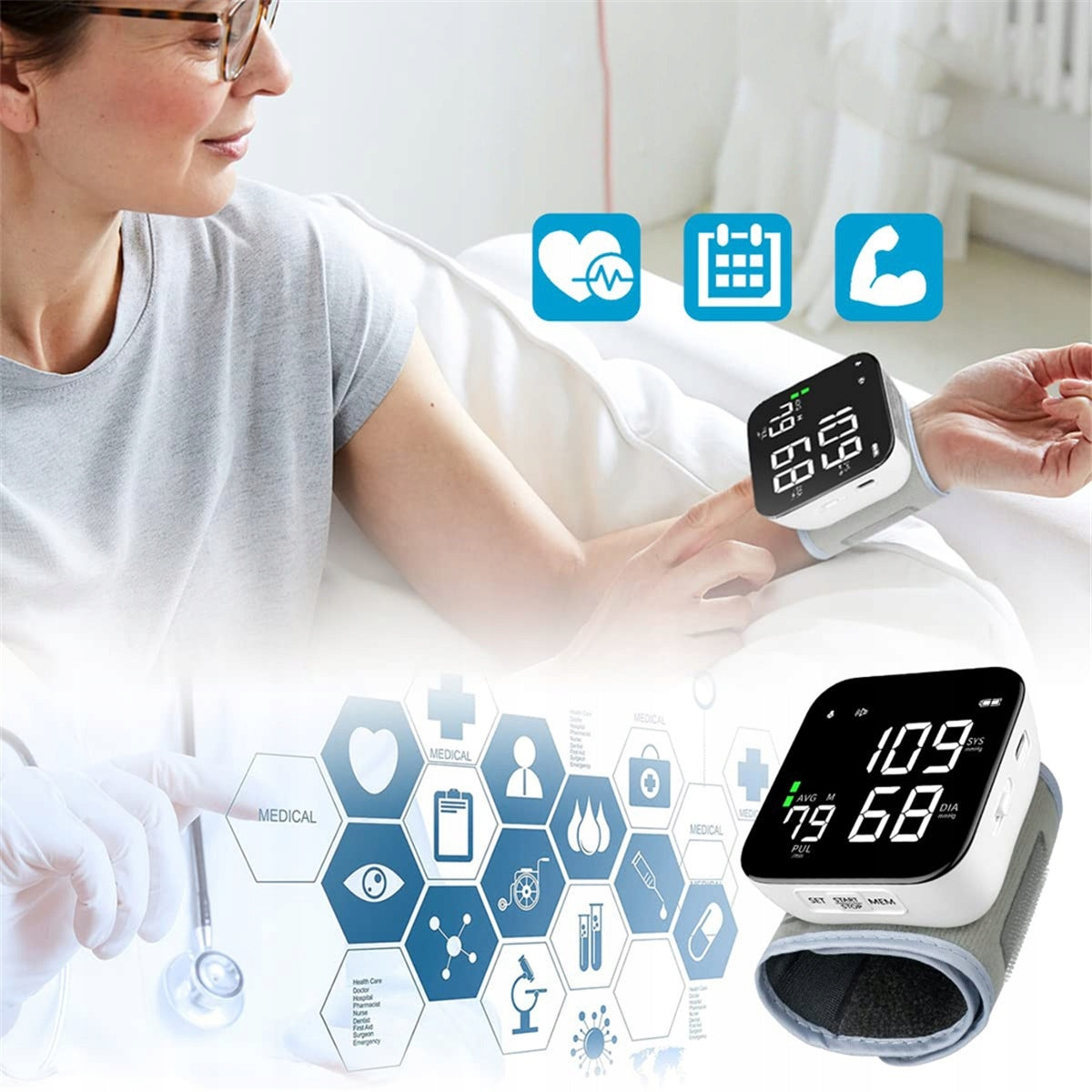 LED BLOOD PRESSURE MONITOR WITH ADJUSTABLE CUFF AND MEMORY FUNCTION 180 MEASUREMENTS Medical device no