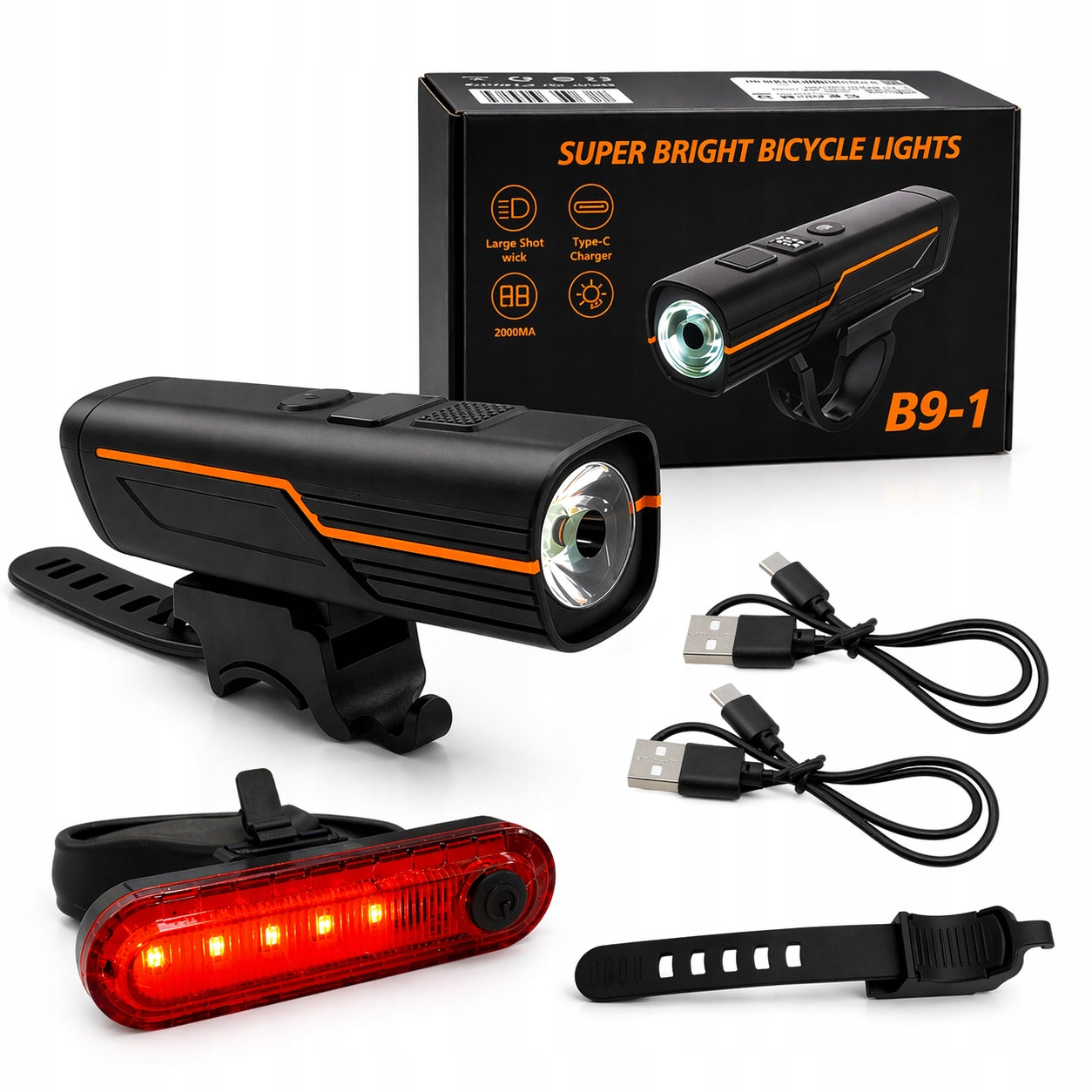 LED Bike Light 200lm Front Rear Kit USB-C Rechargeable Strong
