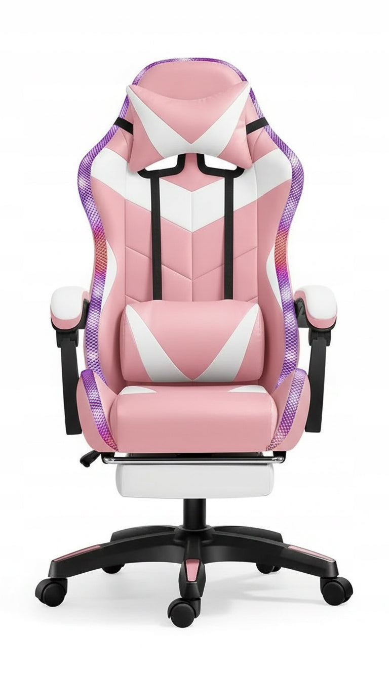 LED Chair PINK with Computer MASSAGE GAMING PLAYER ROTATING + FOOTREST! Model FOX-9 ROZOWY