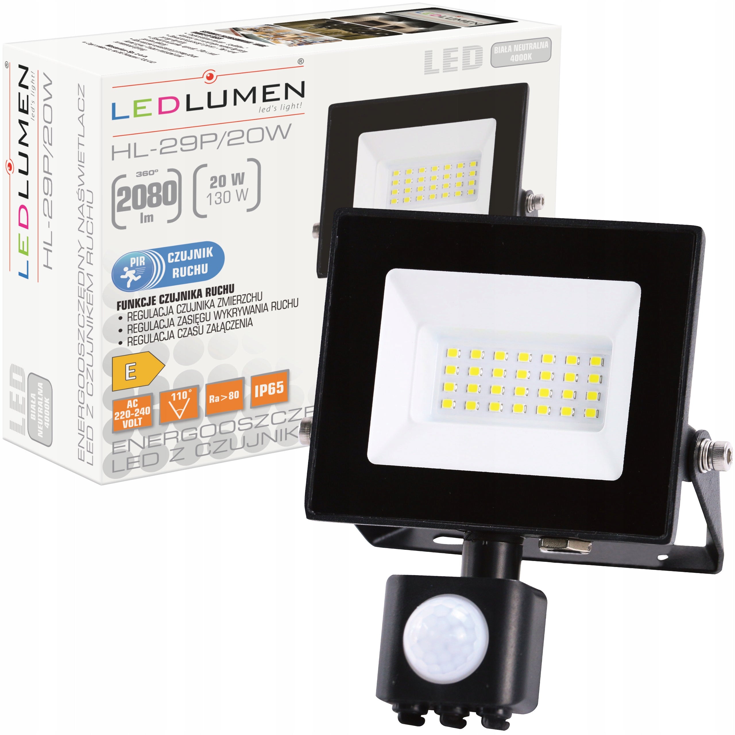 LED Floodlight 20W=130W with Motion Sensor Halogen Outdoor 2080lm Lamp