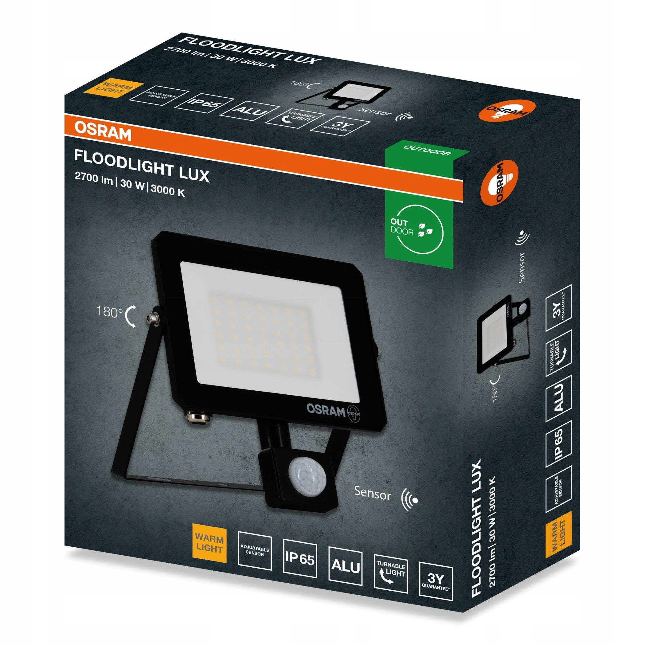 LED Floodlight Halogen Headlight 30W 3000K 2700lm IP65 Motion Sensor OSRAM Brand Osram