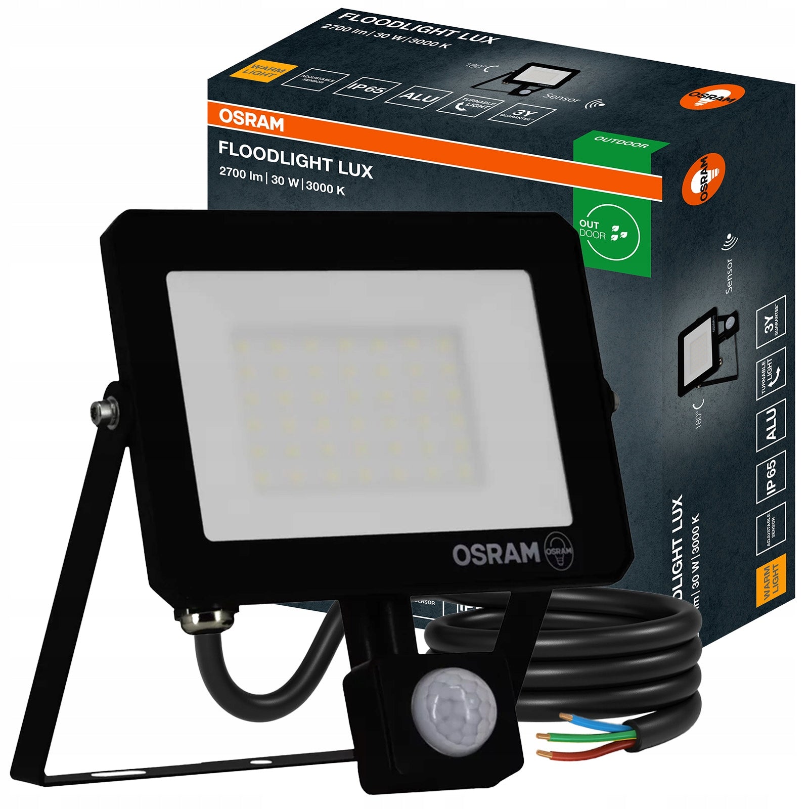 LED Floodlight Halogen Headlight 30W 3000K 2700lm IP65 Motion Sensor OSRAM