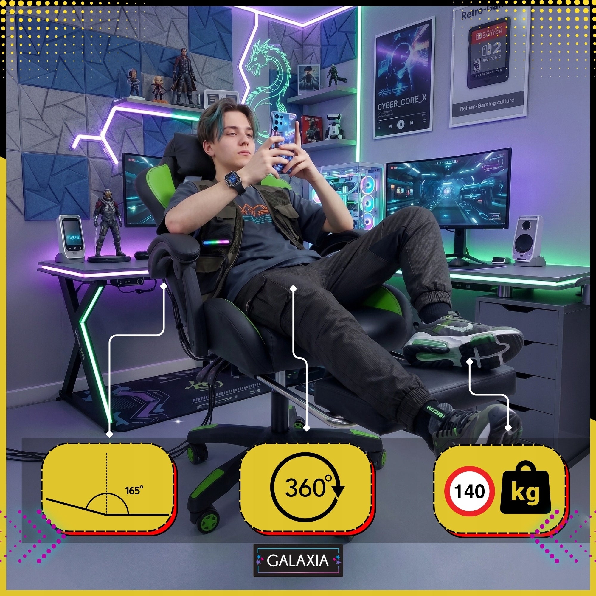 LED GAMING CHAIR WITH OFFICE MASSAGE Rotating Bucket Chair For Player Furniture depth 63 cm