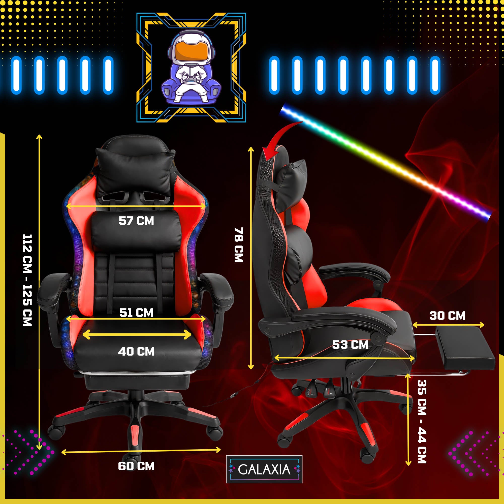 LED GAMING CHAIR WITH OFFICE MASSAGE Rotating Bucket Chair For Player Manufacturer code Fotel LED z rozkładanym podnóżkiem Czerwony