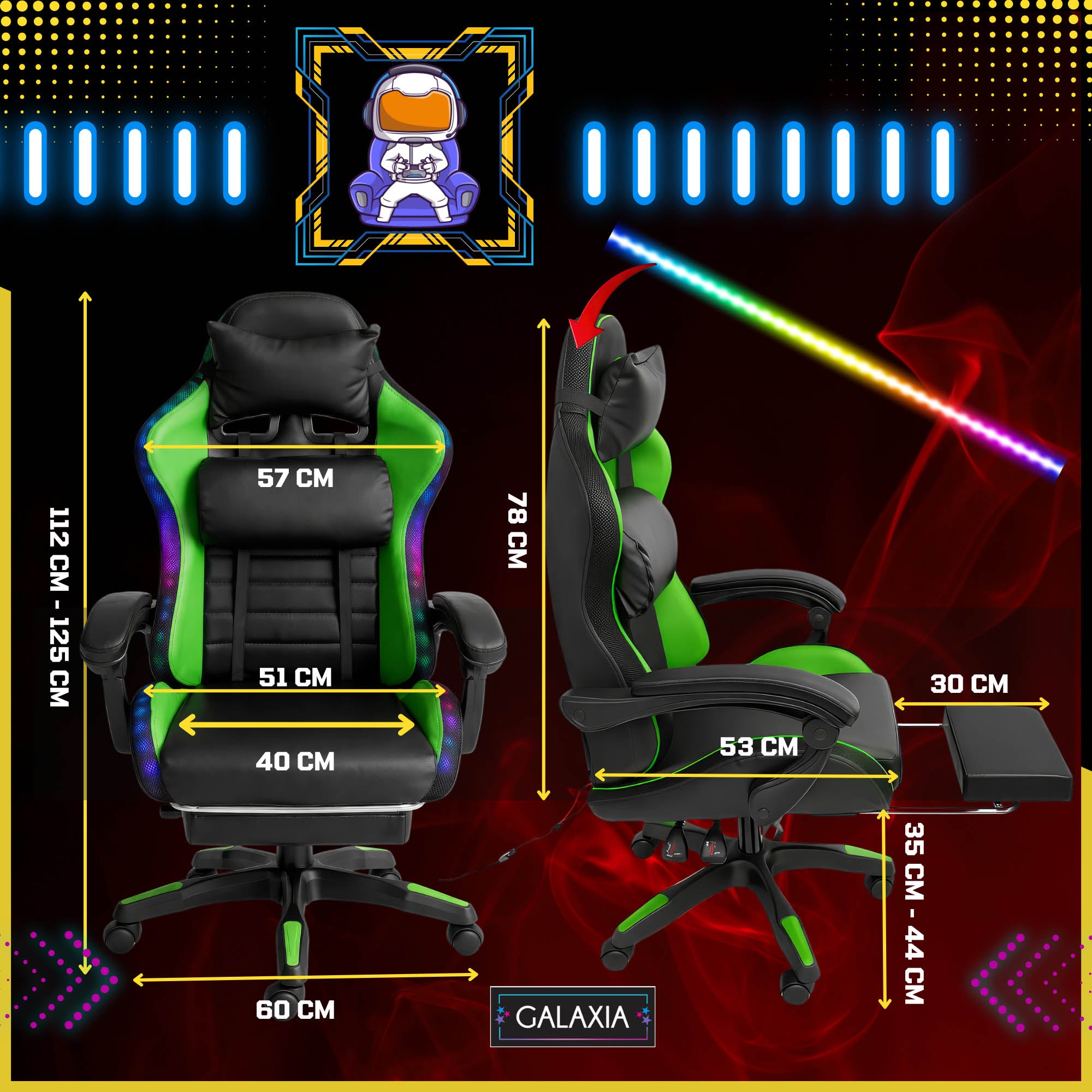 LED GAMING CHAIR WITH OFFICE MASSAGE Rotating Bucket Chair For Player Manufacturer code Fotel LED z rozkładanym podnóżkiem Zielony