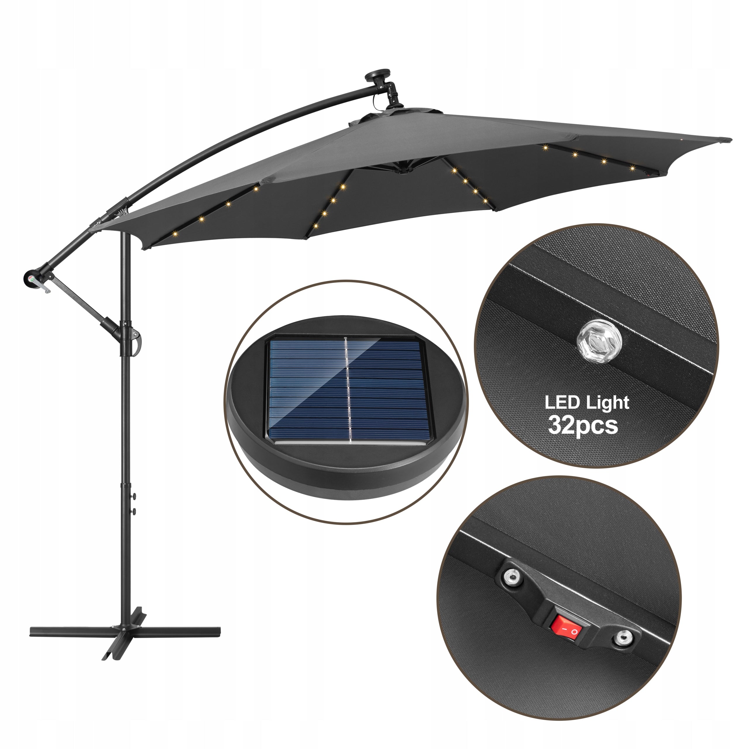 LED GARDEN UMBRELLA LARGE FOLDING SOLID WITH BOOM SOLAR LIGHTS Manufacturer Lehmann