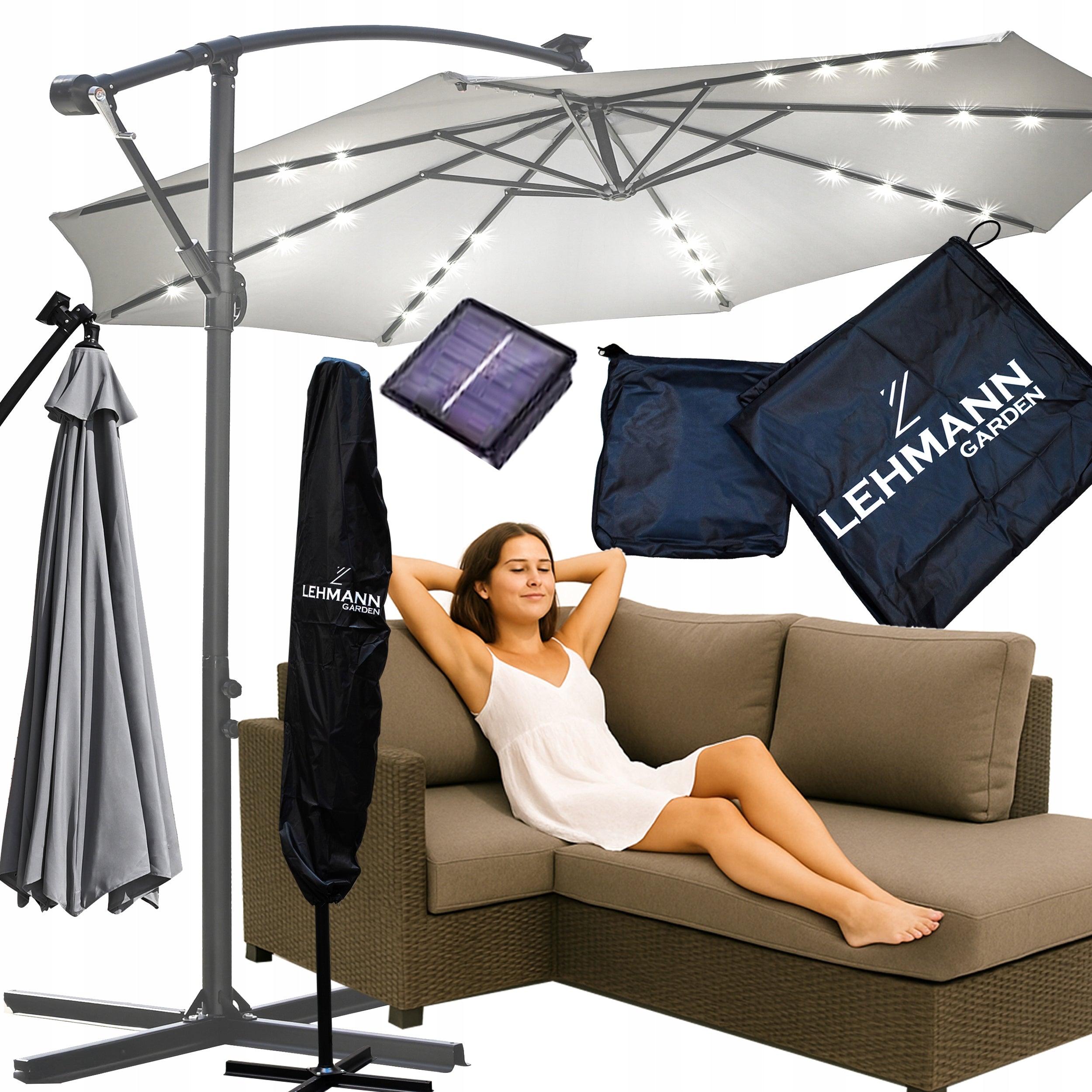 LED GARDEN UMBRELLA LARGE FOLDING SOLID WITH BOOM SOLAR LIGHTS