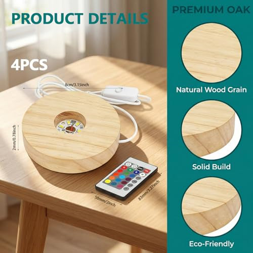 LED LAMP WOODEN BASE WITH REMOTE CONTROL VARIABLE COLOR FOR CRYSTALS 4 PCS Manufacturer code Bez marki