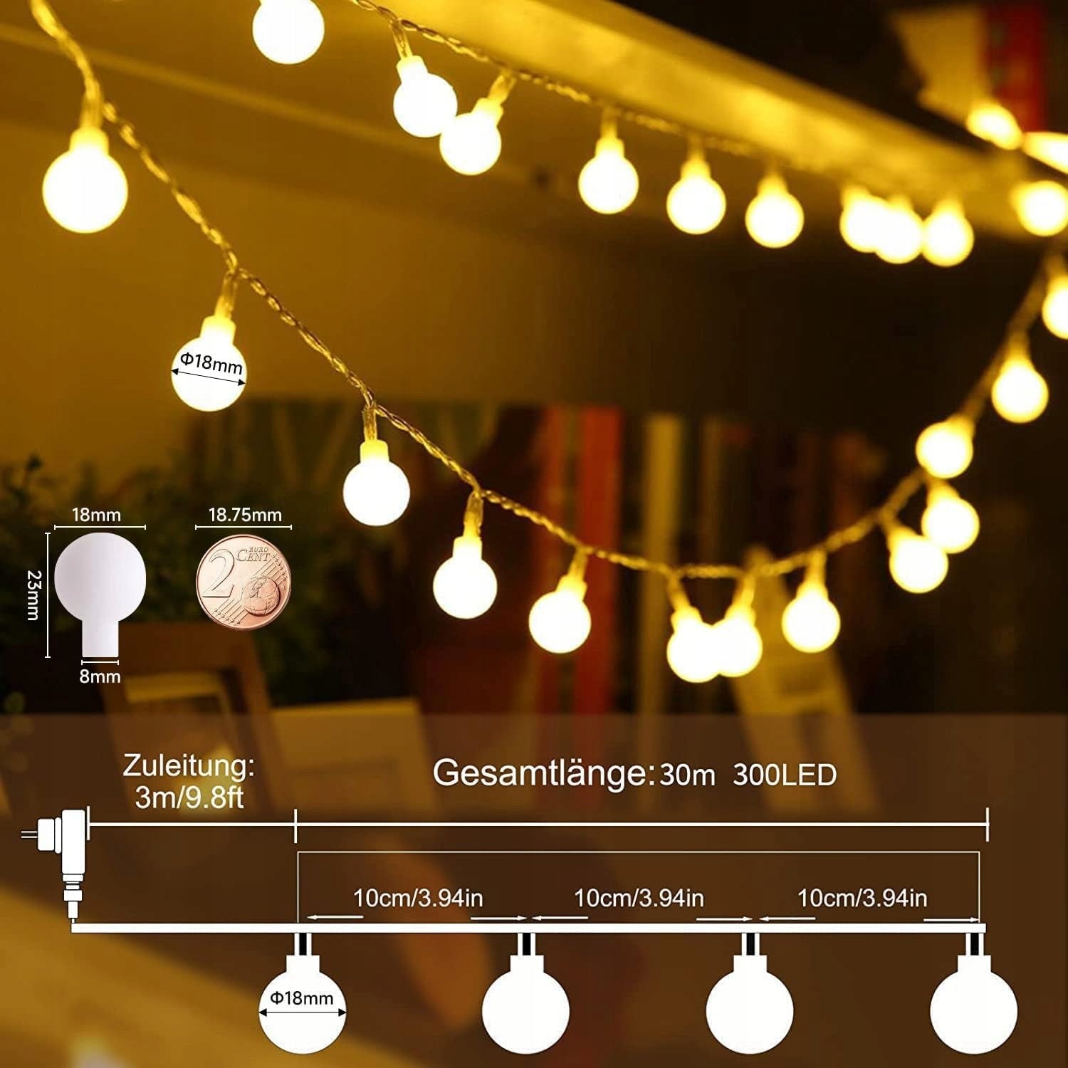 LED LIGHT CHAIN 30M WITH BALLS 8 MODES REMOTE CONTROL Packaging status original