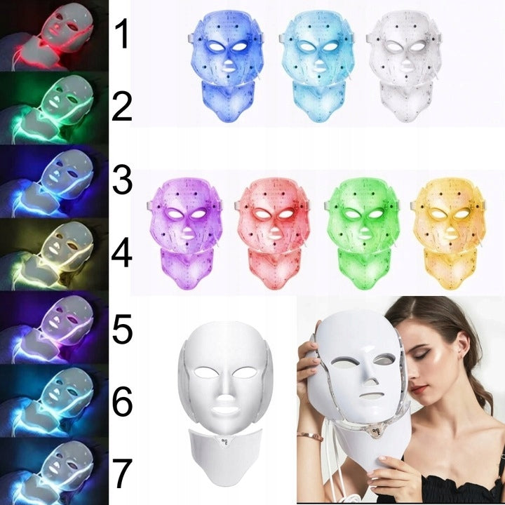 LED MASK 7 COLORS PHOTOTHERAPY FACE NECK WHITE FOR HOME TREATMENTS