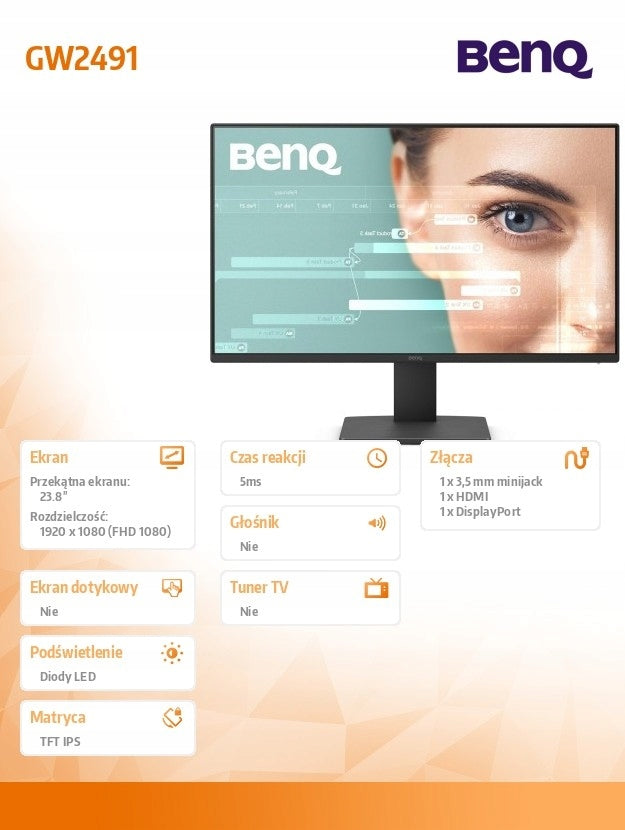 LED Monitor Benq GW2491 24" 9H.LNELJ.LBE 1920x1080px IPS 100Hz Packaging status original