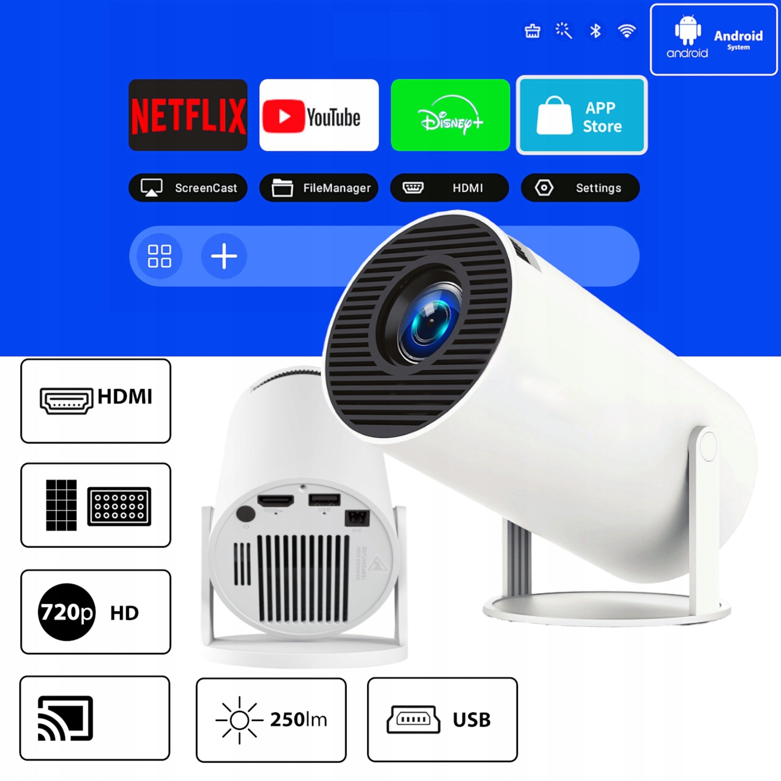 LED Projector HY 300 PRO White Android 9.0 WiFi HDMI 720p 130" Home Theater
