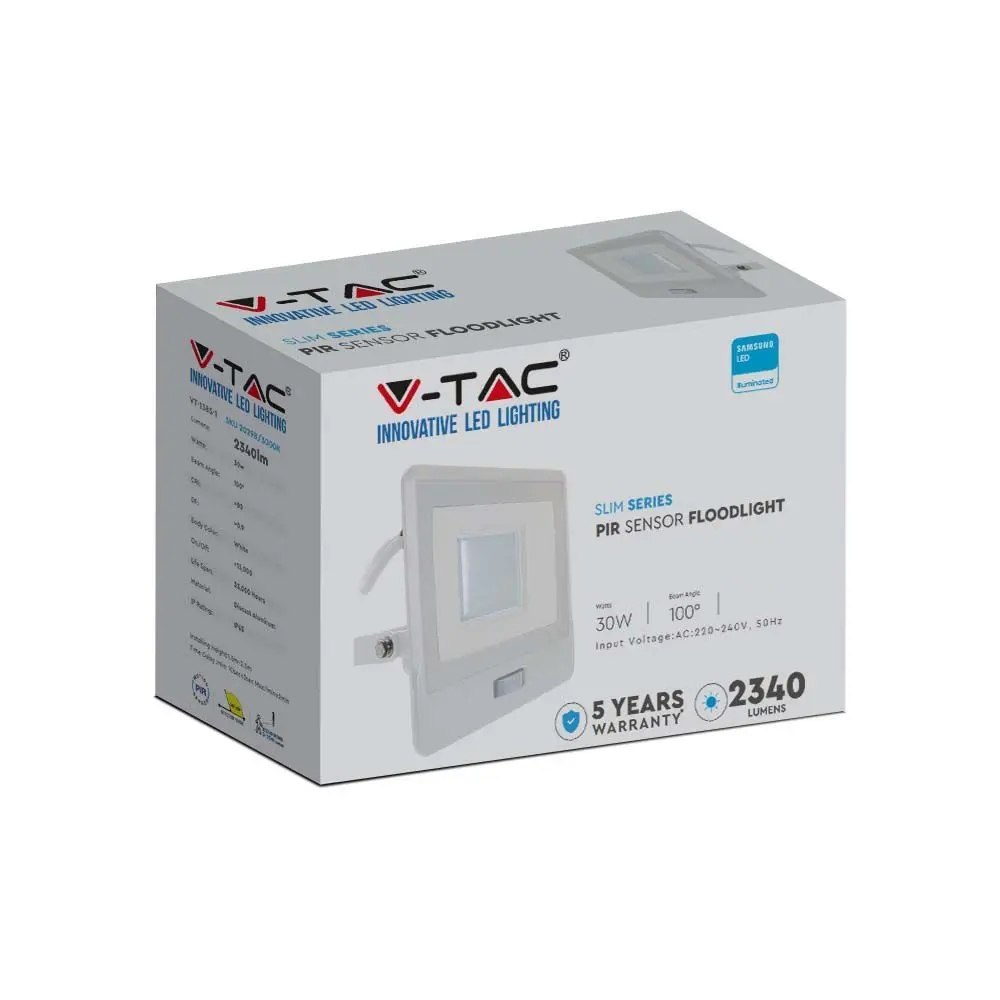 LED Projector V-TAC 30W SAMSUNG CHIP Motion Sensor White Cable 1M VT-138S Brand V-TAC