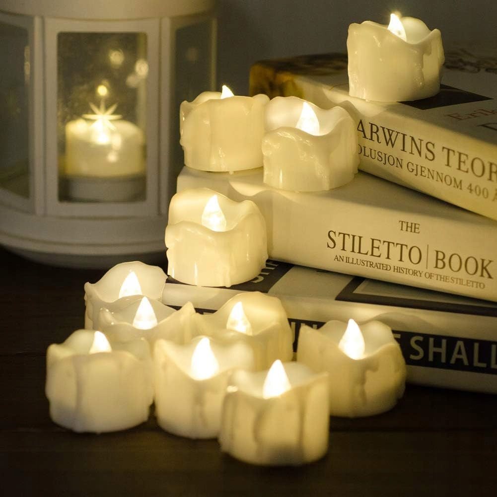 LED TEALIGHT CANDLES WITH TIMER 12 PIECES FLICKERING BATTERY