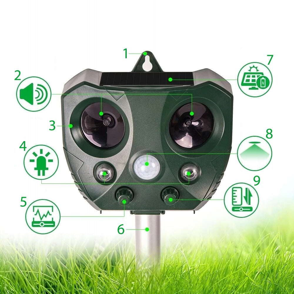 LED UV SOLAR DETERRENT 7in1 10M 300m² MOTION SENSOR BIRDS CATS Packaging status original