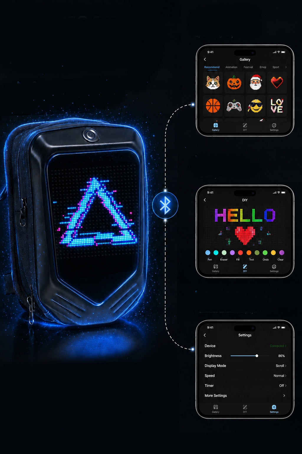 LED screen bag for scooter and daily riding with Bluetooth connectivity Capacity 3 l