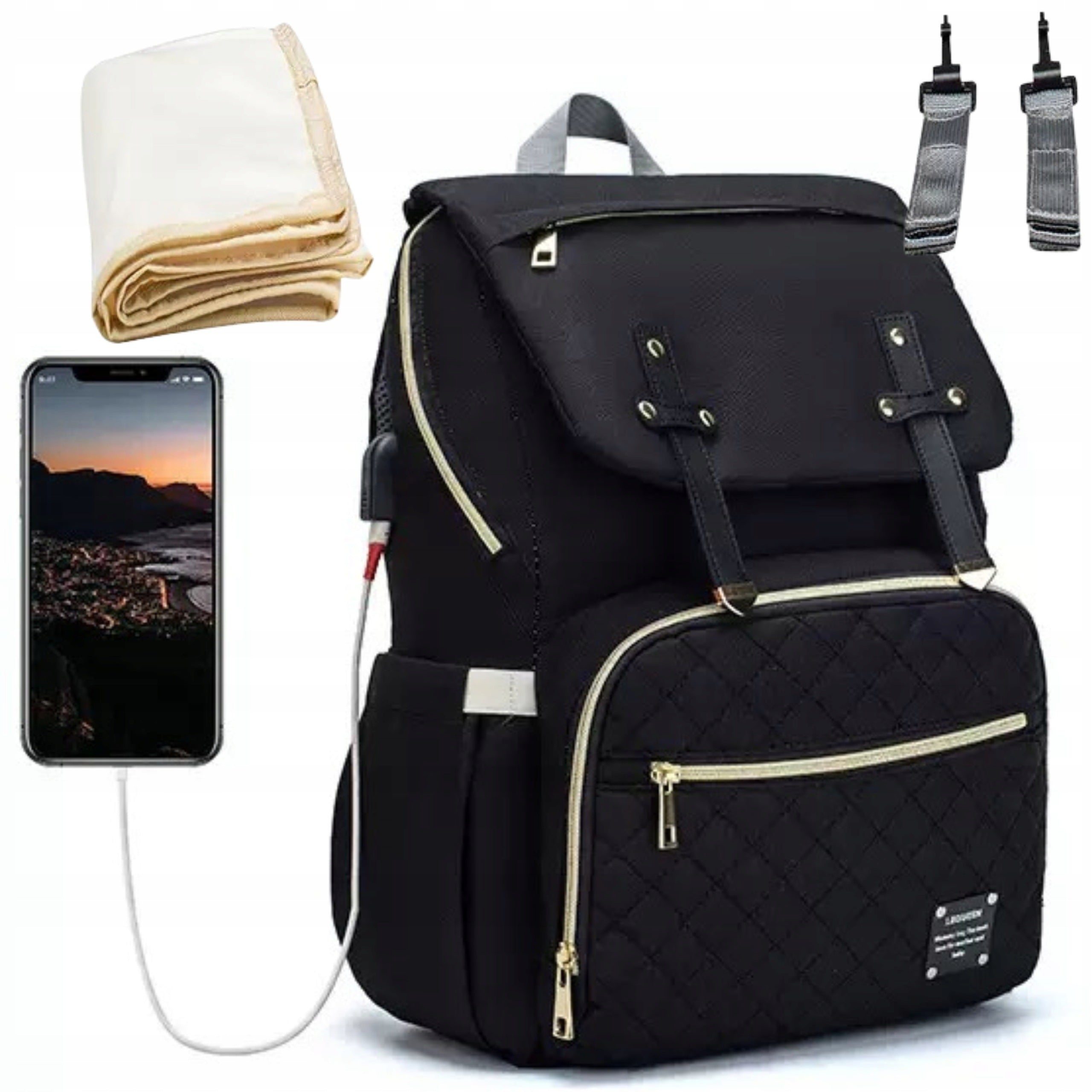 LEQUEEN BACKPACK BAG TRAVEL ORGANIZER HANDHELD FOR STROLLER FOR MOM USB 5in1