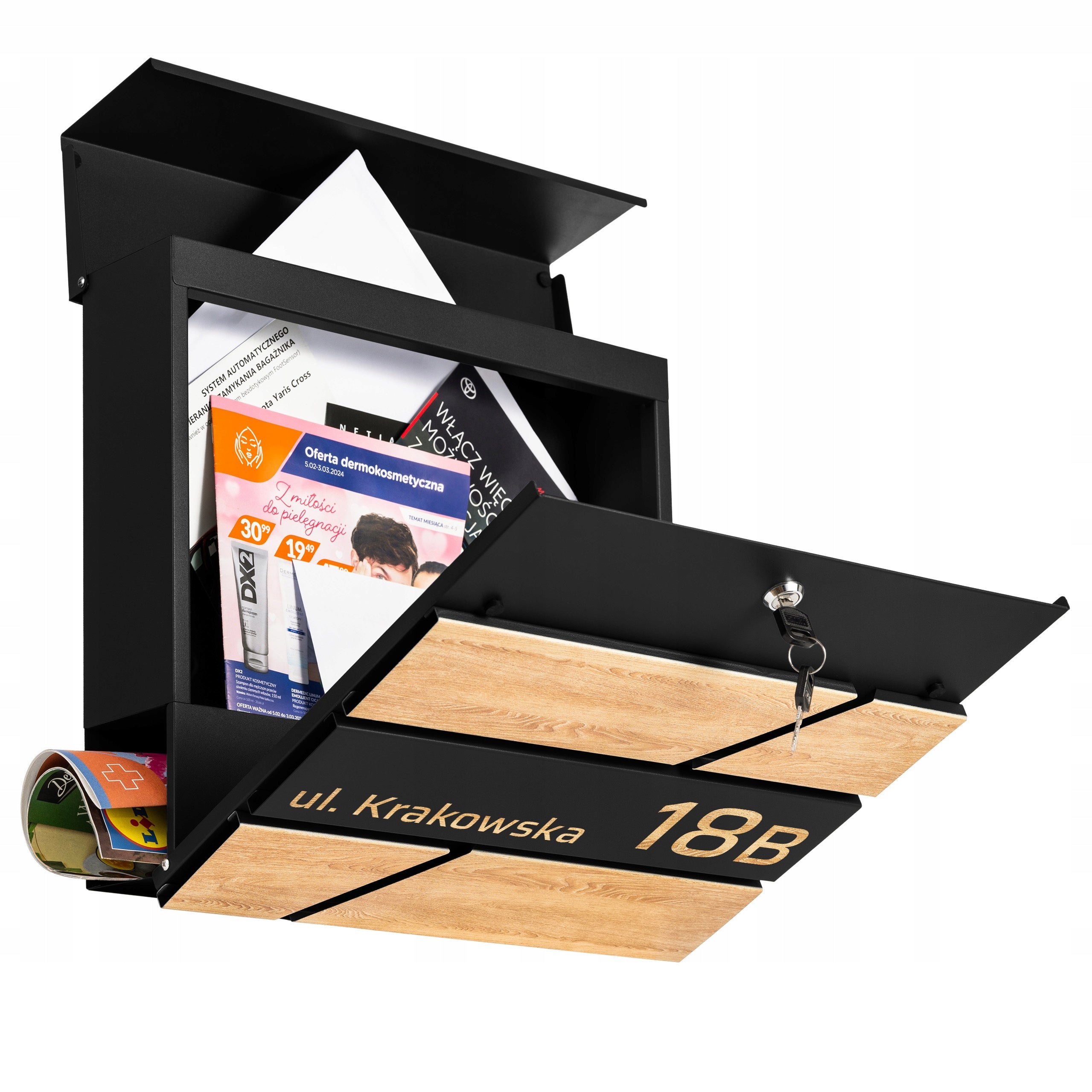 LETTERBOX WITH ADDRESS HOUSE NUMBER UV PRINT IN WOOD COLOR Black Product height 37 cm