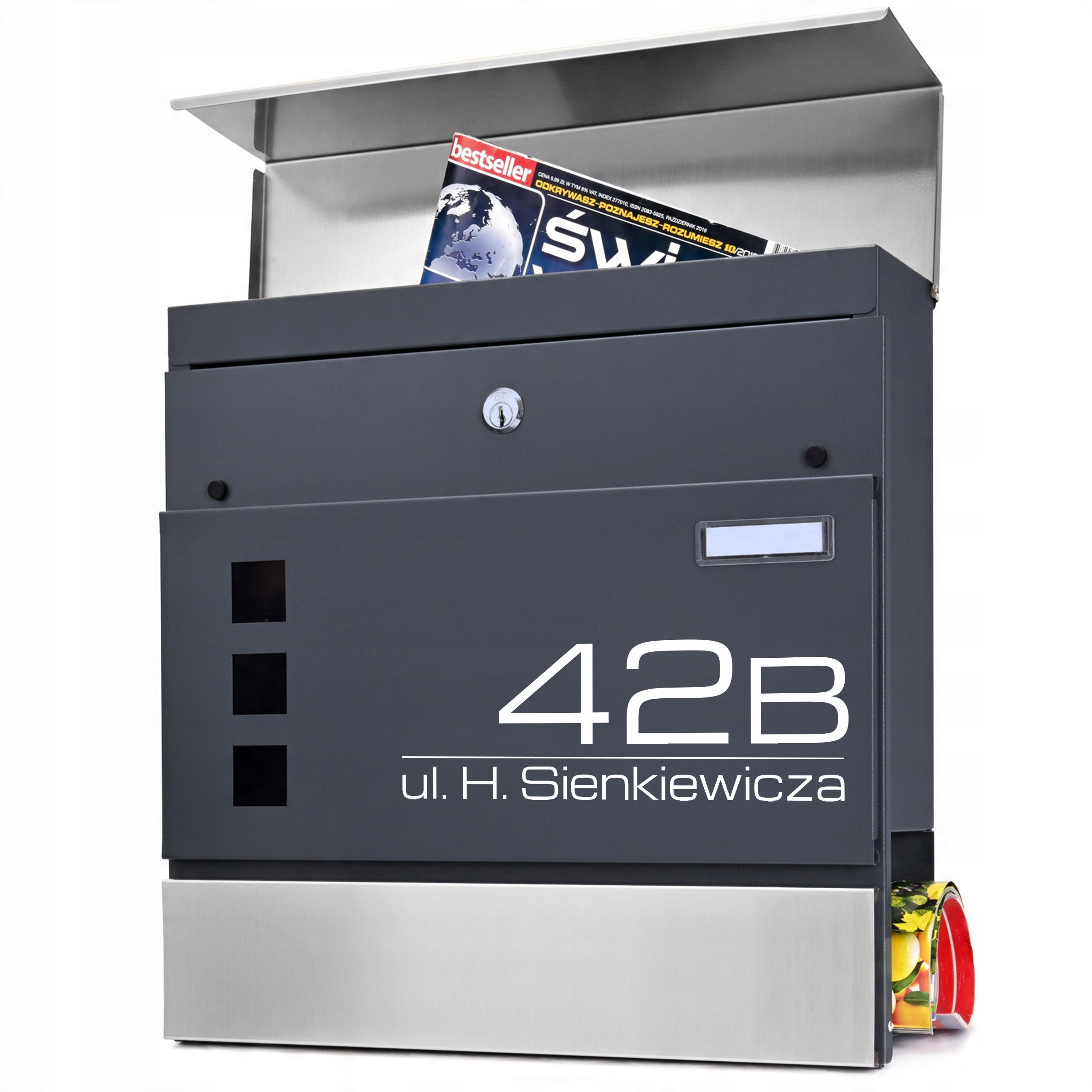 LETTERBOX WITH ADDRESS Inscription House Number UV PRINTING ANTHRACITE + STEEL Manufacturer code Skrzynka na listy z numerem domu SN3677-1-D
