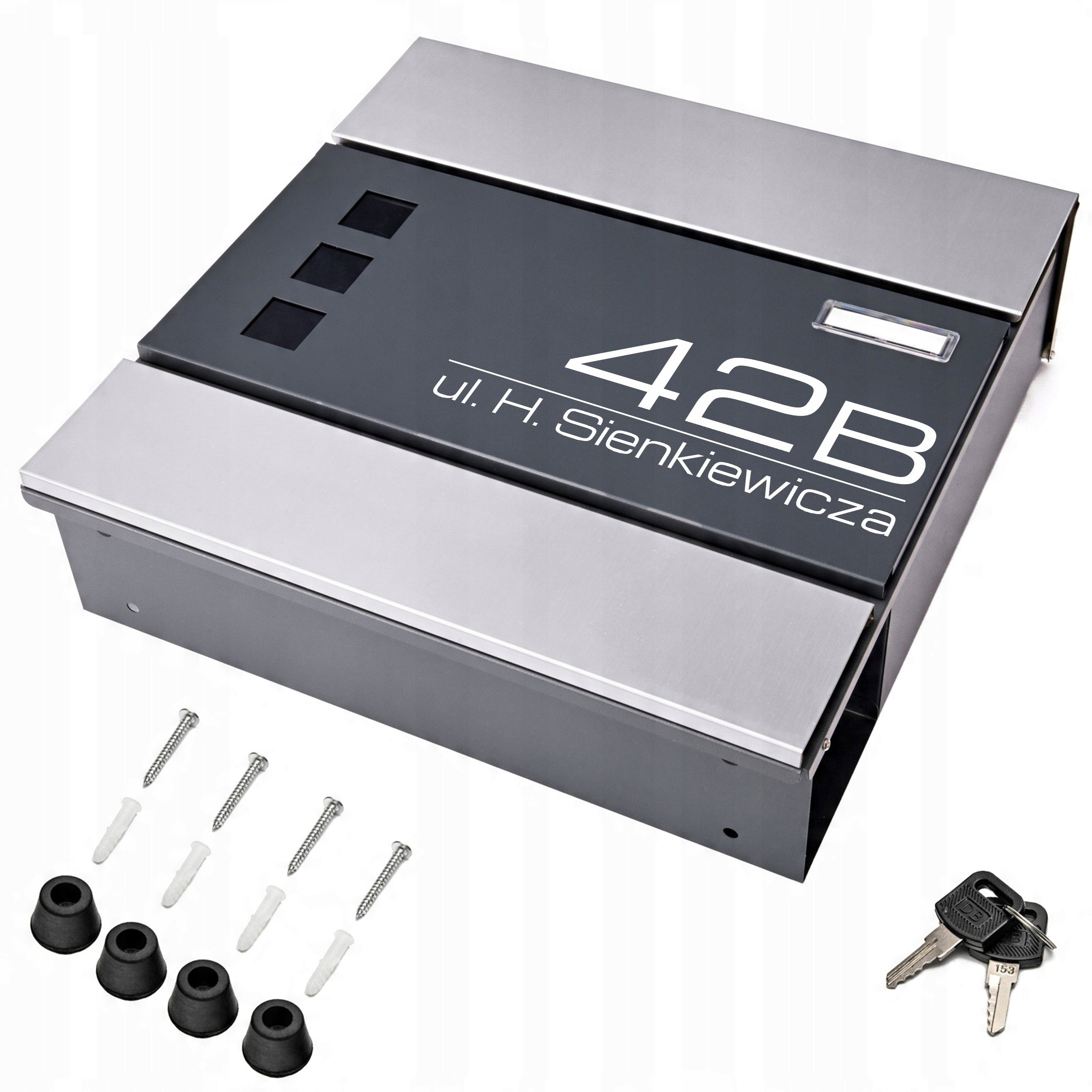 LETTERBOX WITH ADDRESS Inscription House Number UV PRINTING ANTHRACITE + STEEL Shade charcoal