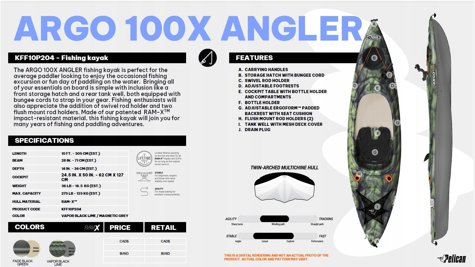 LIGHT TOURIST SINGLE KAYAK ARGO 100X FISHING ANGLER PELICAN Material polyethylene