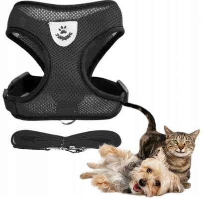 LIGHTWEIGHT ADJUSTABLE BLACK HARNESS FOR SMALL CAT DOG + LEASH 120CM SIZE M