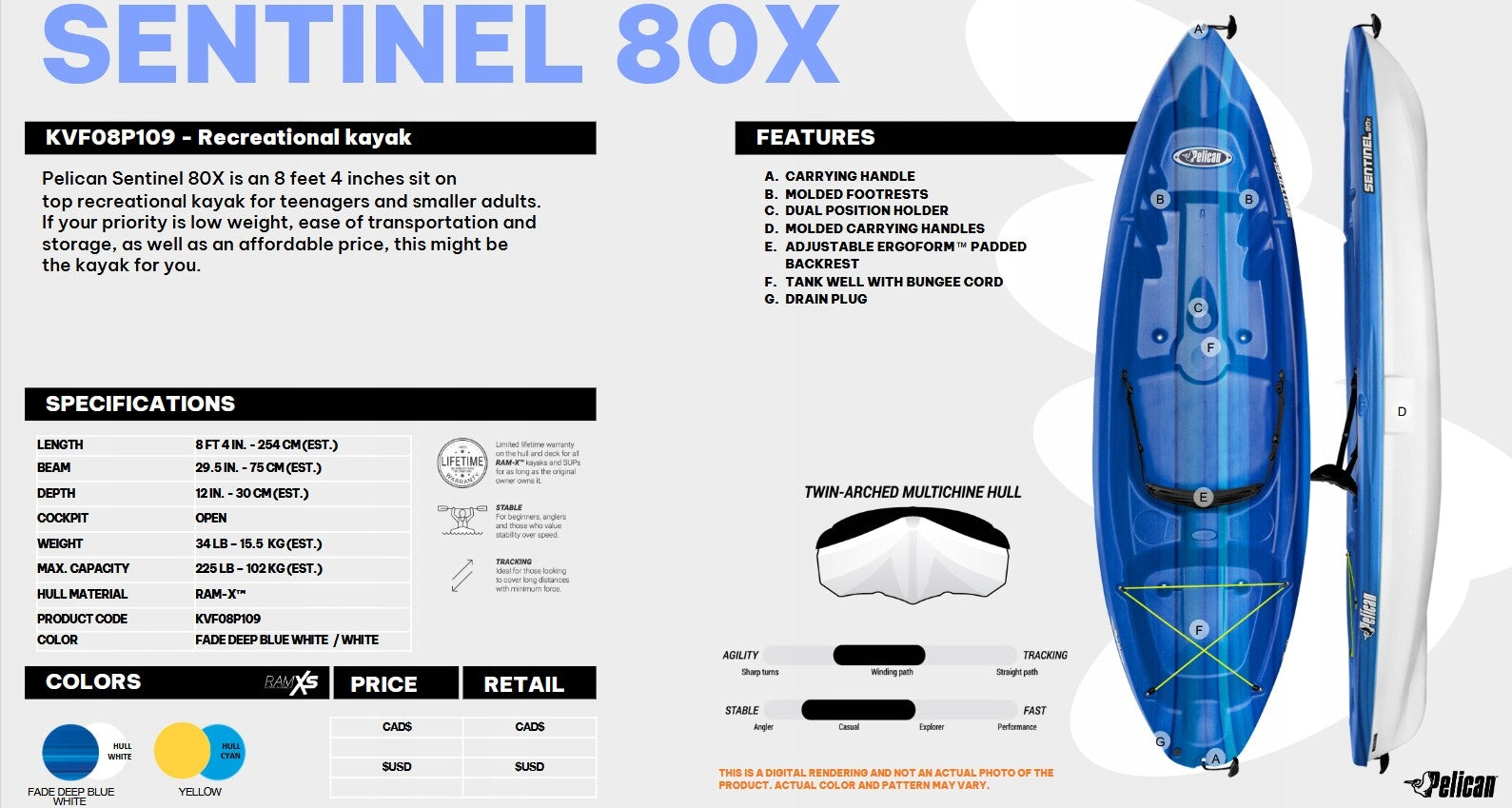 LIGHTWEIGHT SINGLE HIKING KAYAK SIT ON TOP SENTINEL 80X PELICAN 15kg Model SENTINEL 80x NIEBIESKI