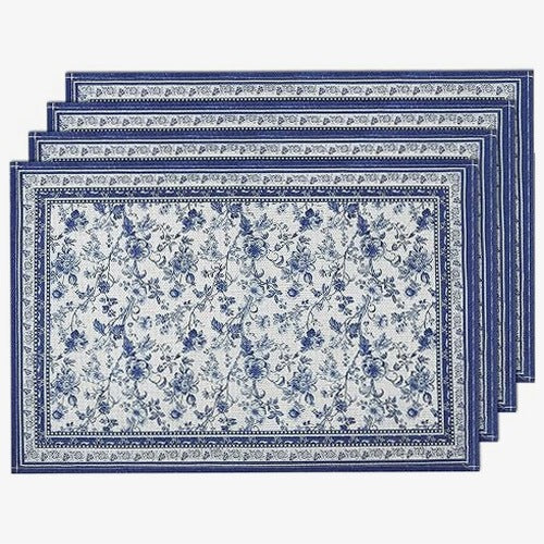LINEN FLOWER TABLE PADS BLUE NON-SLIP GIFT 4 PCS