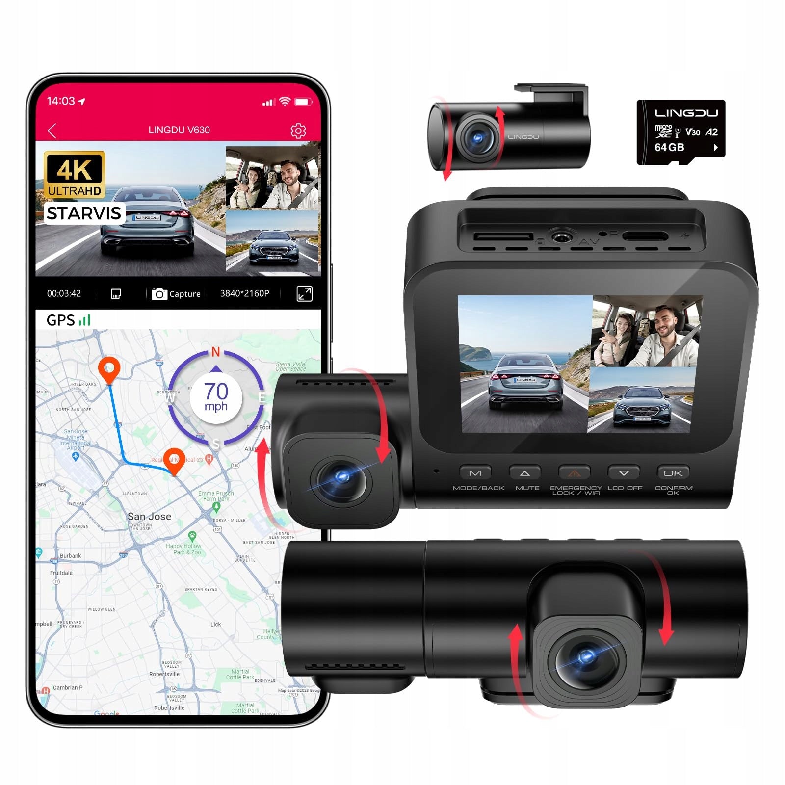 LINGDU Car Camera 4K 3 Channels Front Rear Interior WiFi GPS