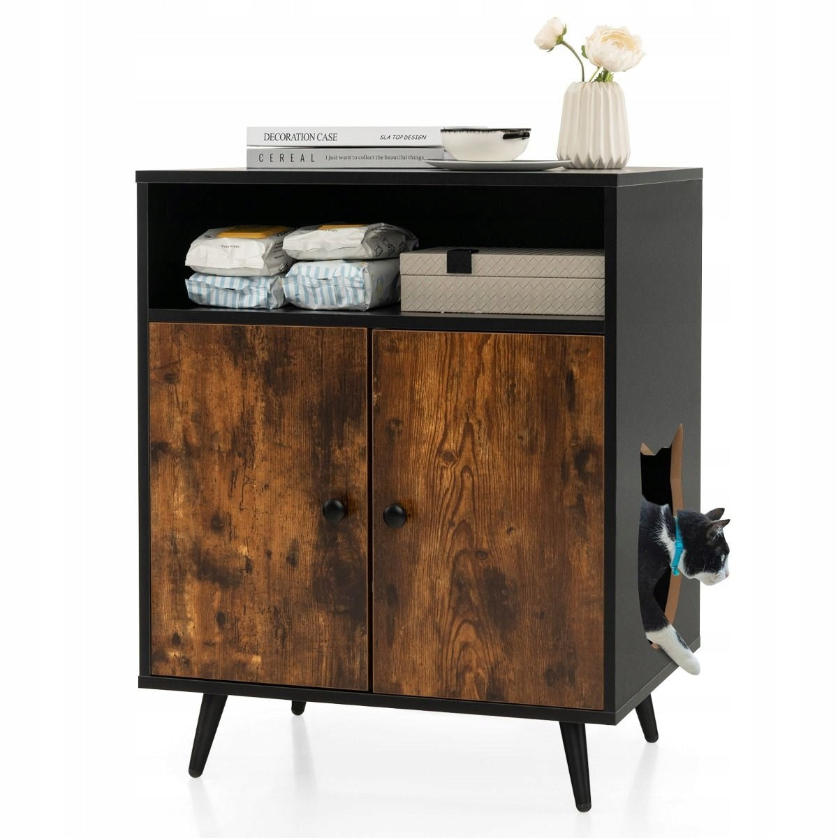 LITTER BOX CAT HOUSE CHEST OF DRAWERS FURNITURE SIDE TABLE MDF WOOD