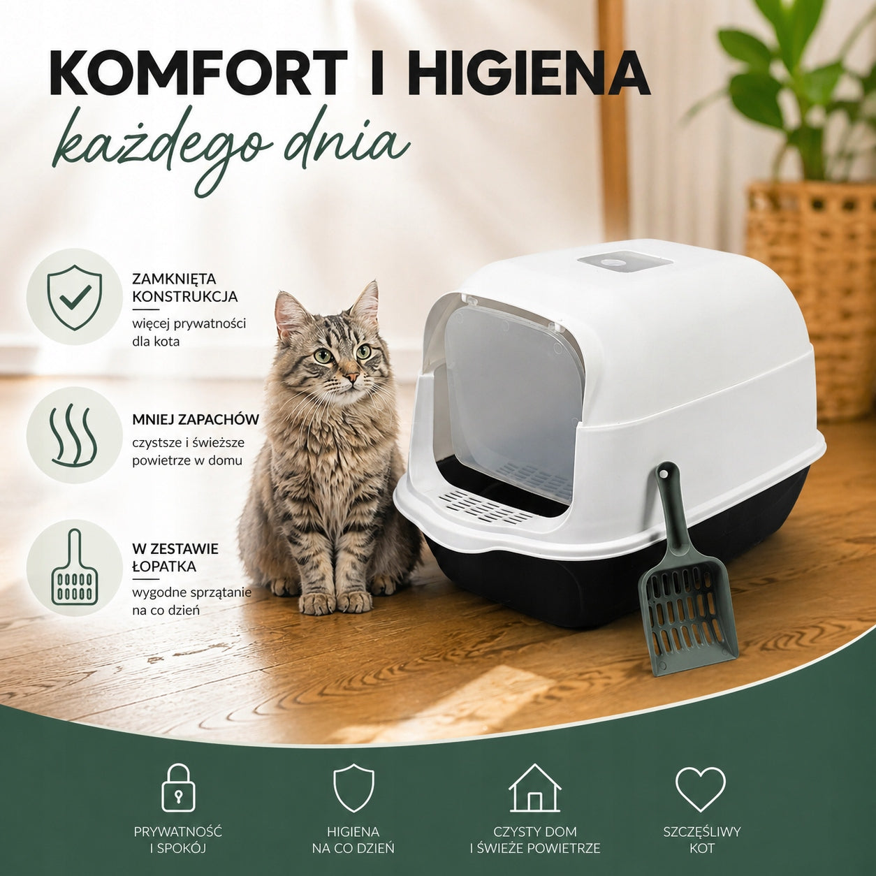 LITTER BOX CLOSED FOR CAT WITH FILTER + SPATULA CLEANLINESS AND COMFORT EVERY DAY Manufacturer code AT010