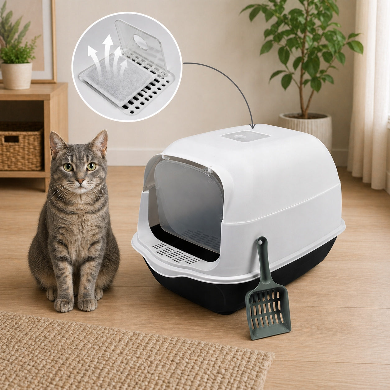 LITTER BOX CLOSED FOR CAT WITH FILTER + SPATULA CLEANLINESS AND COMFORT EVERY DAY Model AT010 Czarna