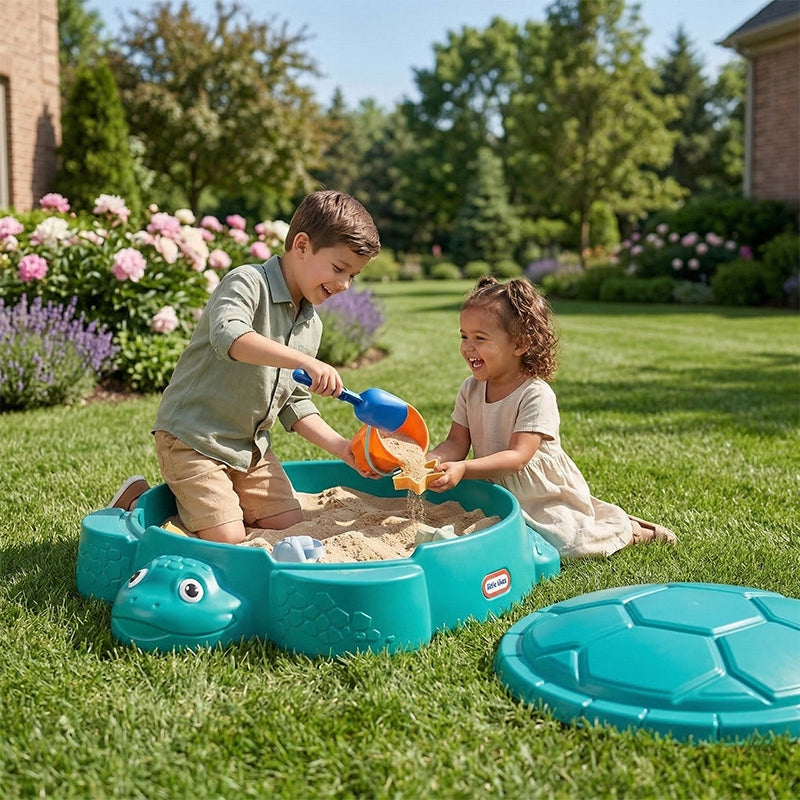 LITTLE TIKES GARDEN SANDBOX FOR PLAY WITH TURTLE COVER 2 SEATS Length 110 cm