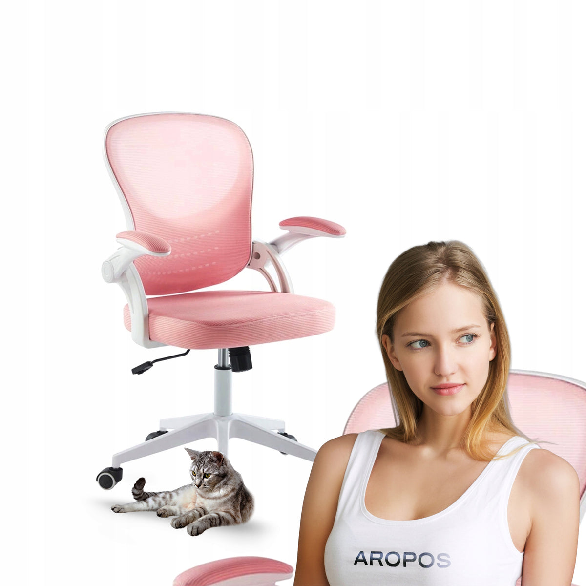 LUMA swivel chair pink with adjustable armrests and white base