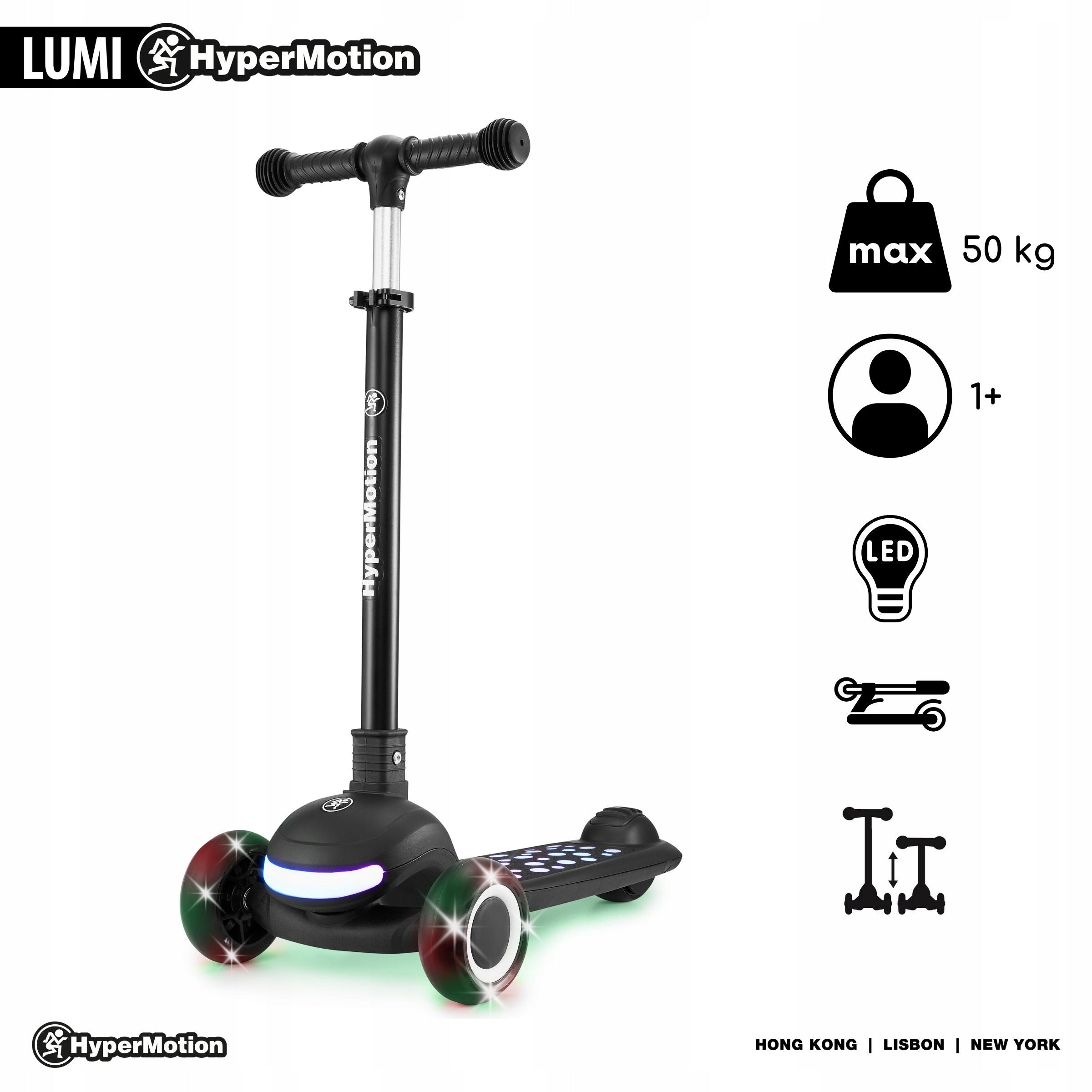 LUMI 3in1 Balance Scooter - Illuminated Platform and LED Wheels, Black Number of wheels 3