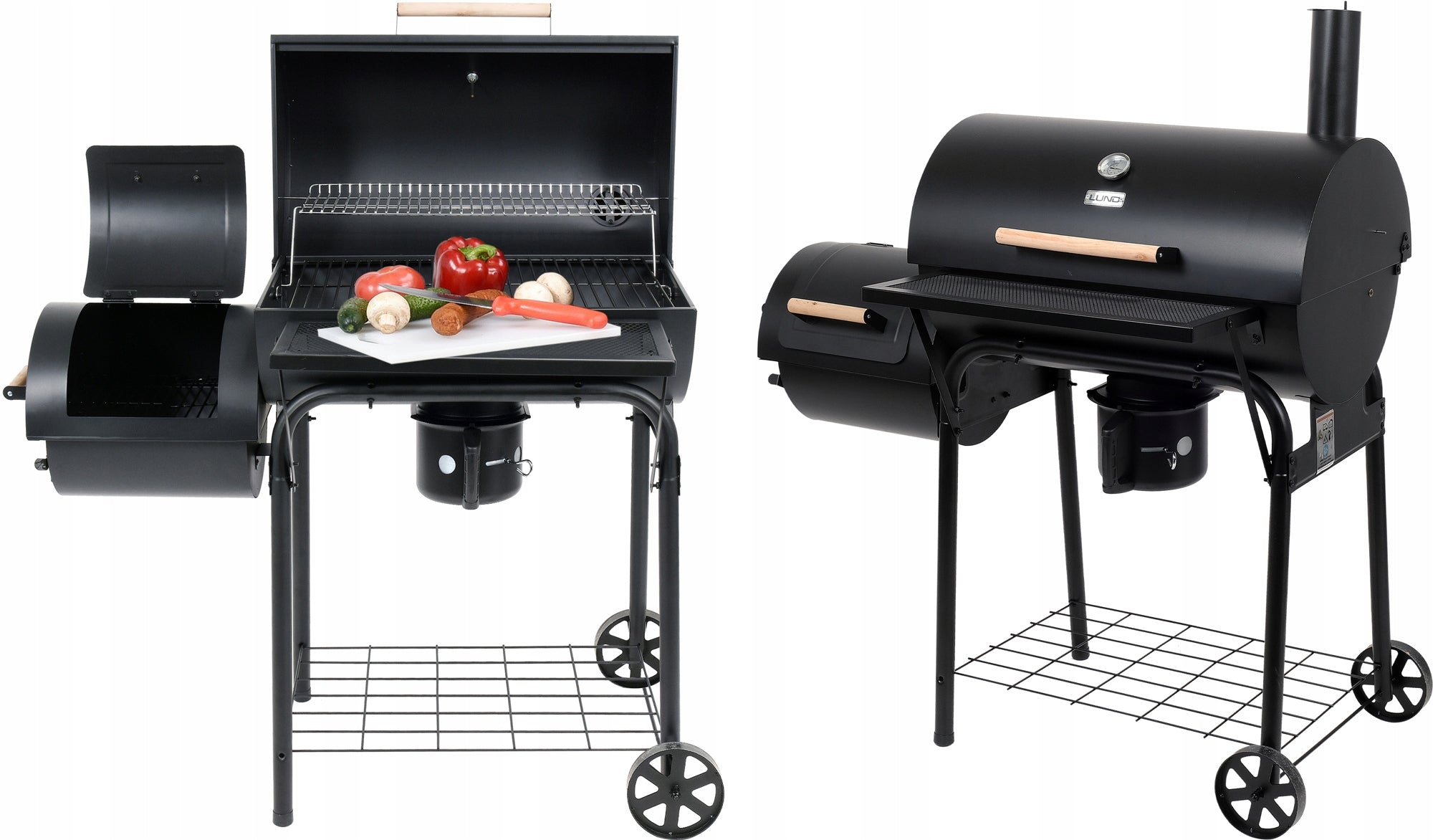 LUND CHARCOAL GRILL WITH GARDEN COVER WITH SMOKEHOUSE GRATE 64X37CM THERMOMETER