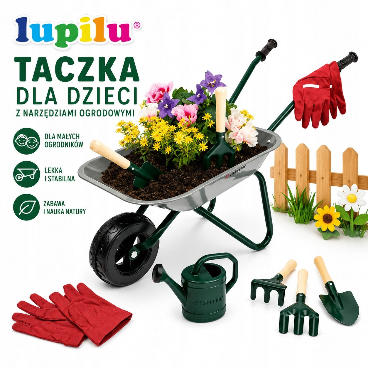 LUPILU PARKSIDE Metal wheelbarrow for children with garden tools, 7 el. Manufacturer code 496368