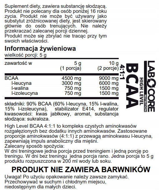 Labocore Nutrition BCAA HIGH LEVEL 4:1:1 500g Raspberry AMINO ACIDS EAN (GTIN) 5902537343993