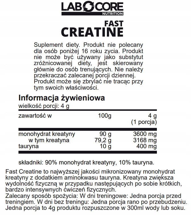 Labocore Nutrition FAST CREATINE 500g Natural Creatine Monohydrate EAN (GTIN) 5902537340602